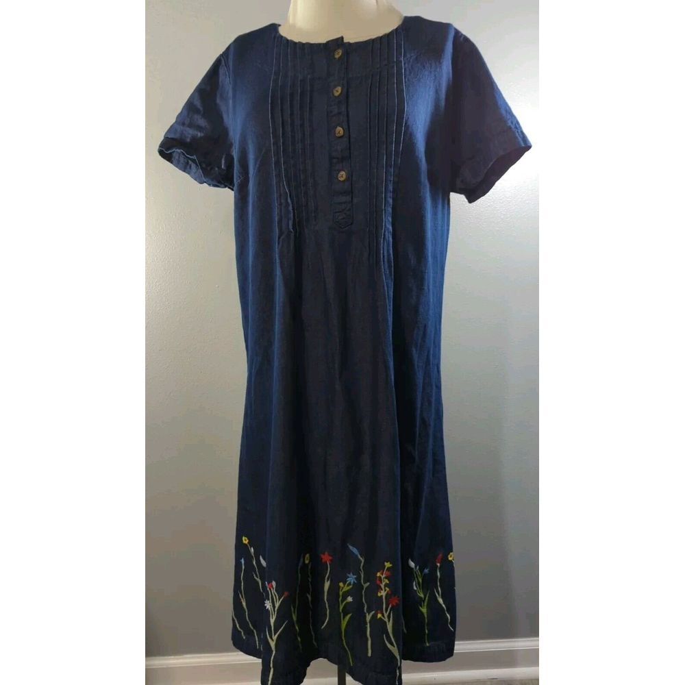 Serengeti Womens‎ Med Blue Jean With Embroidered Flowers Short Sleeve Dress 618